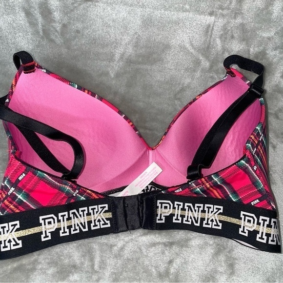 Pink Wear Everywhere Wireless Lightly Lined Bra Red Plaid Spellout Band Sz 32DD - Picture 3 of 6